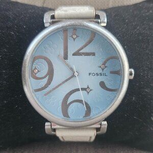 Fossil Women Wristwatch White Leather Band Analog Floral Dial Ladies Watch